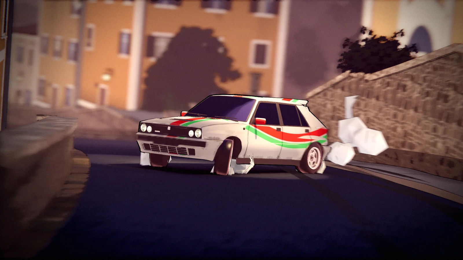 A white rally hatchback sliding through a village street at dusk
